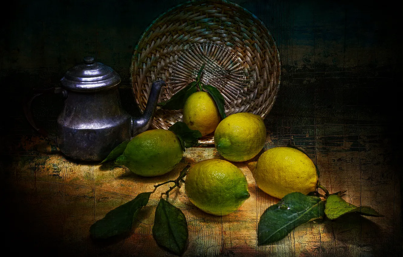 Photo wallpaper style, kettle, lemons, vintage