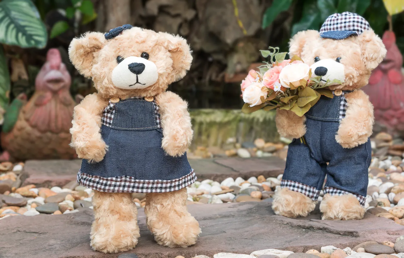 Photo wallpaper love, flowers, toy, roses, bouquet, bear, pair, love
