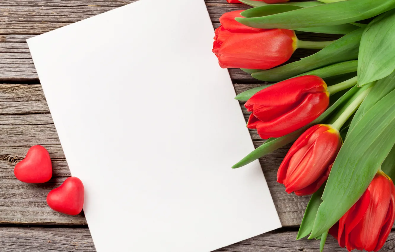 Photo wallpaper love, flowers, bouquet, hearts, tulips, red, love, wood