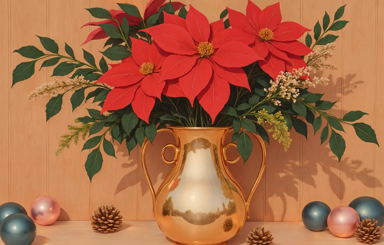 Photo wallpaper leaves, balls, flowers, branches, red, new year, shadow, bouquet