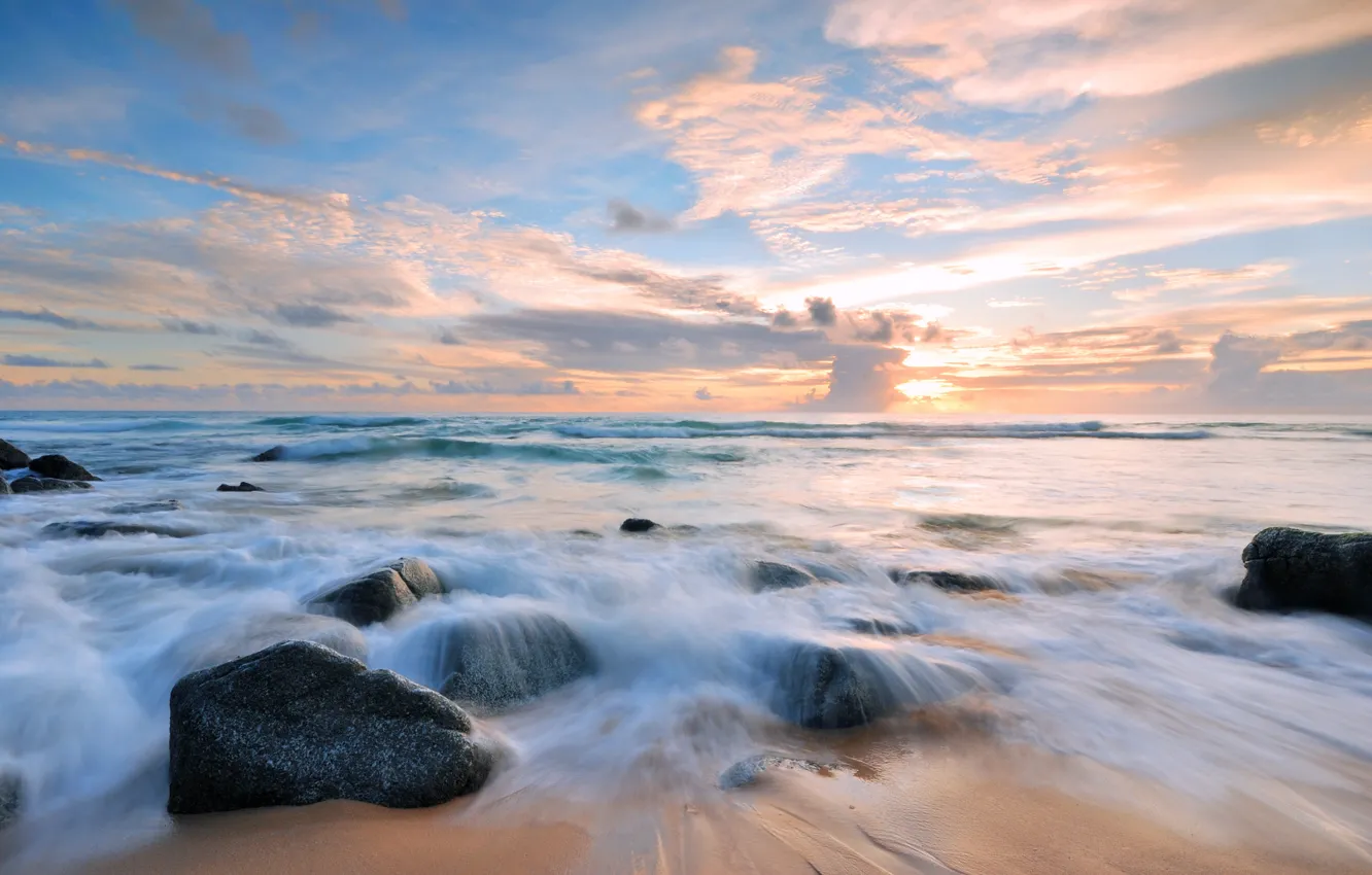 Photo wallpaper sand, sea, wave, beach, summer, the sky, stones, shore