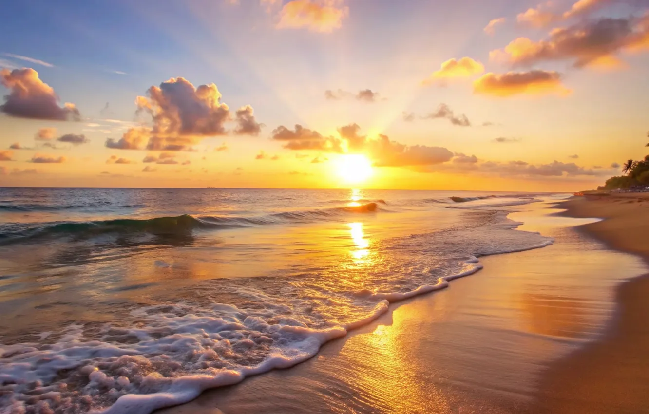 Photo wallpaper sand, sea, wave, beach, summer, the sky, sunset, shore