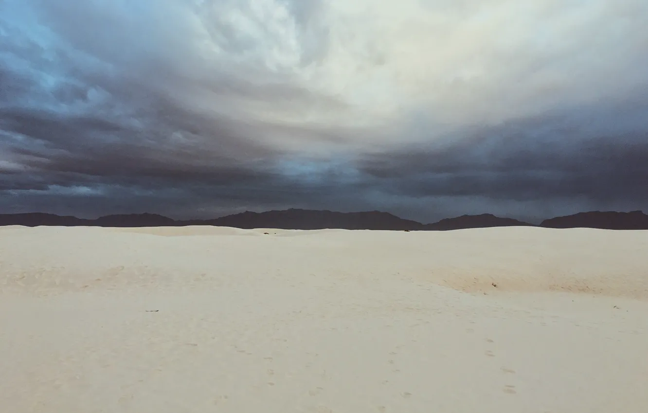Photo wallpaper sand, mountains, clouds, desert, horizon