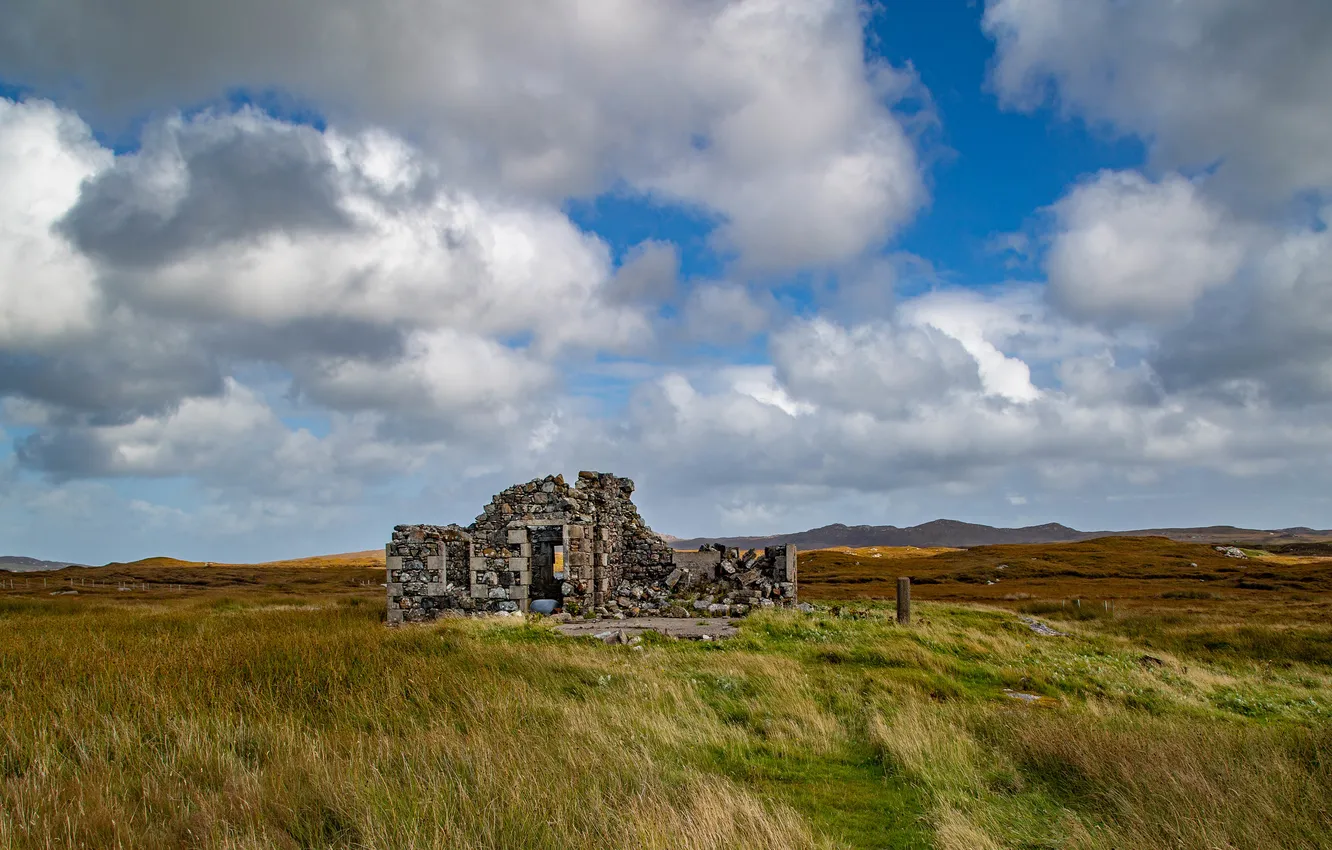 Photo wallpaper field, clouds, ruins