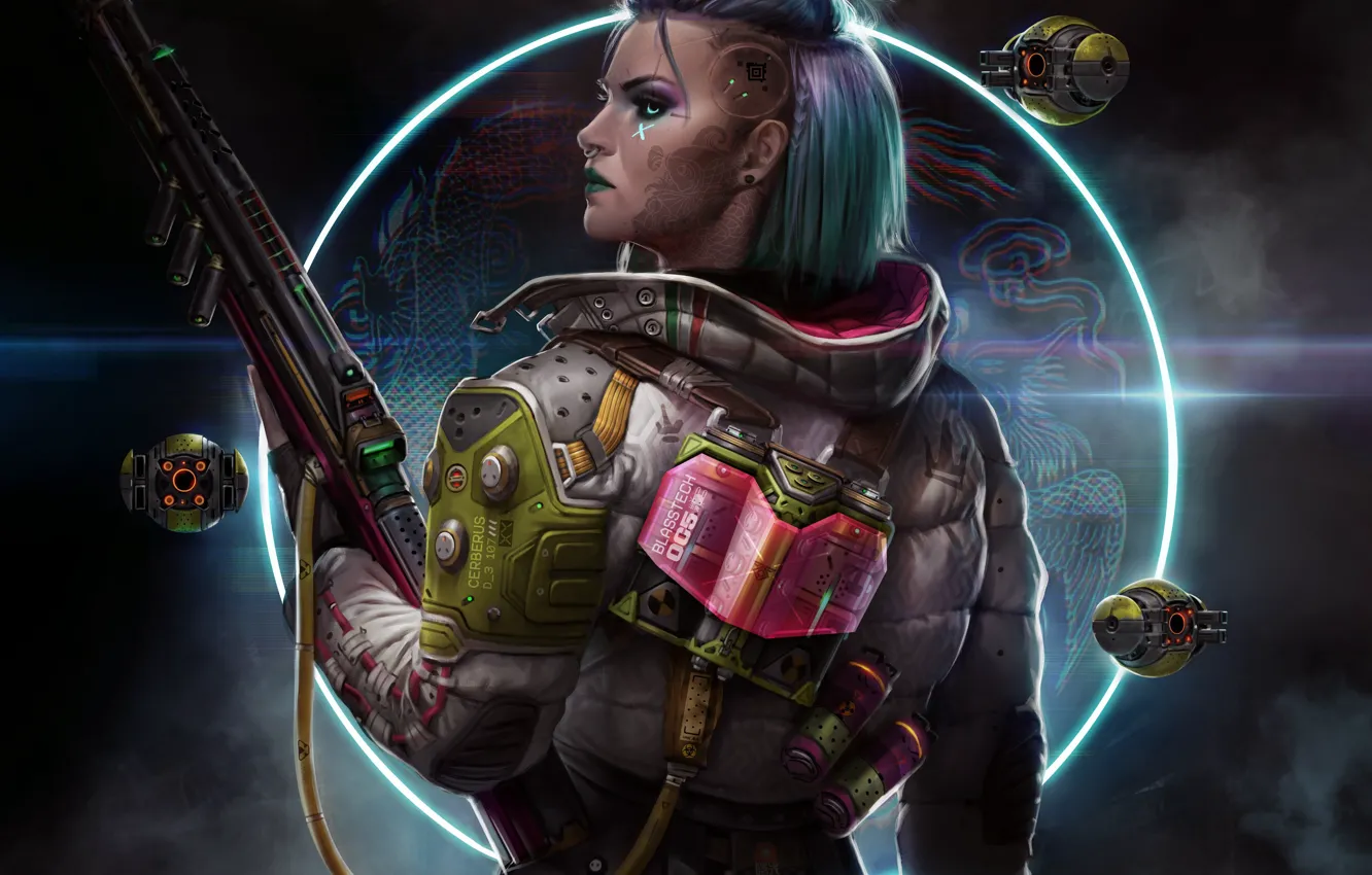 Photo wallpaper girl, weapons, fiction, tattoo, profile, art, cyberpunk, Sci-Fi