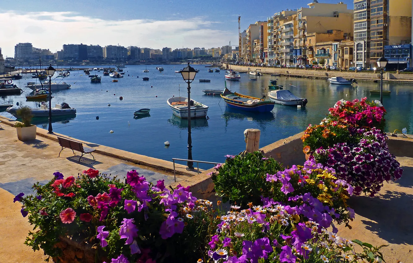 Photo wallpaper the sky, flowers, home, boats, promenade, Malta, St Julian's