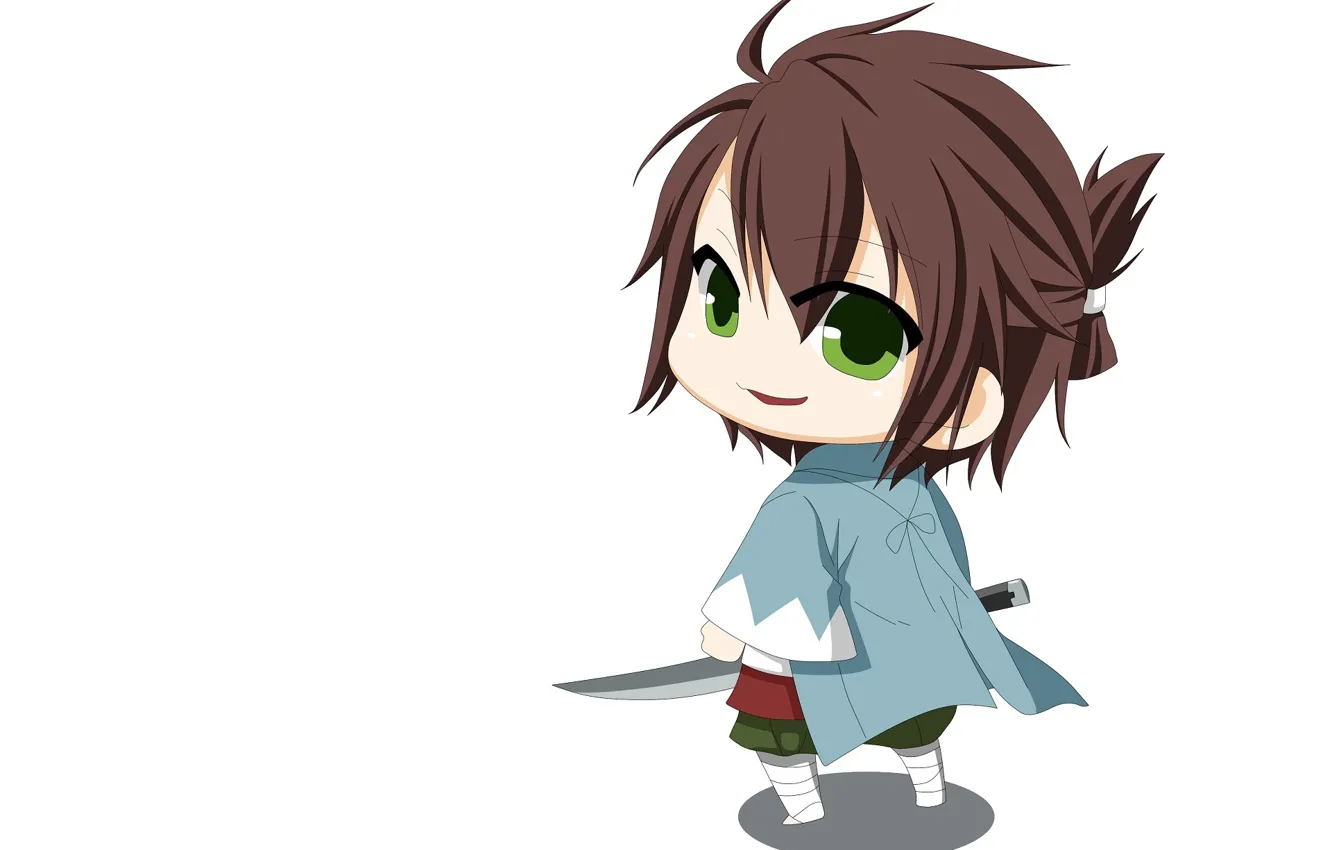 Photo wallpaper katana, white background, guy, cloak, Chibi, art, green eyes, Okita Souji