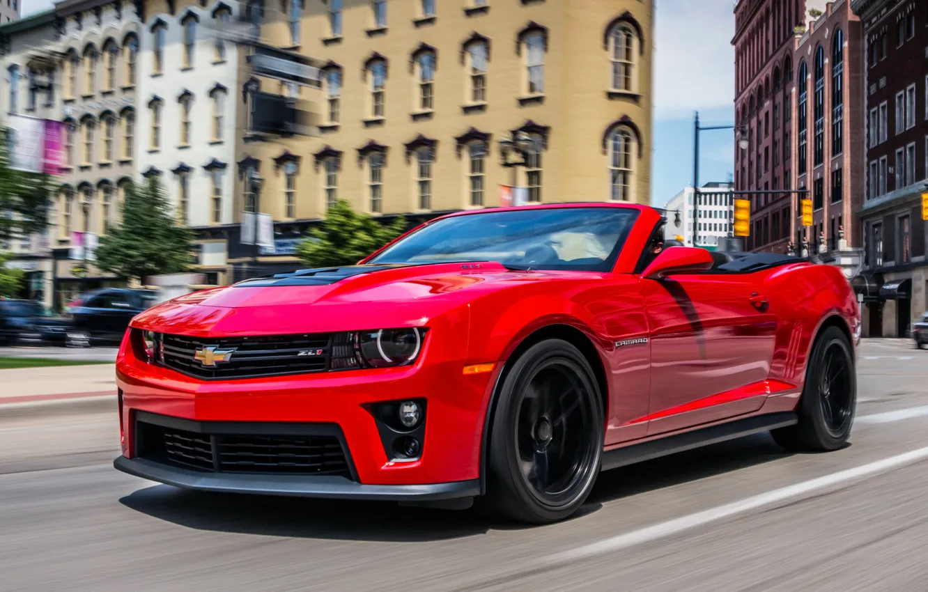 Photo wallpaper Red, Road, The city, Chevrolet, Machine, Convertible, Movement, Building