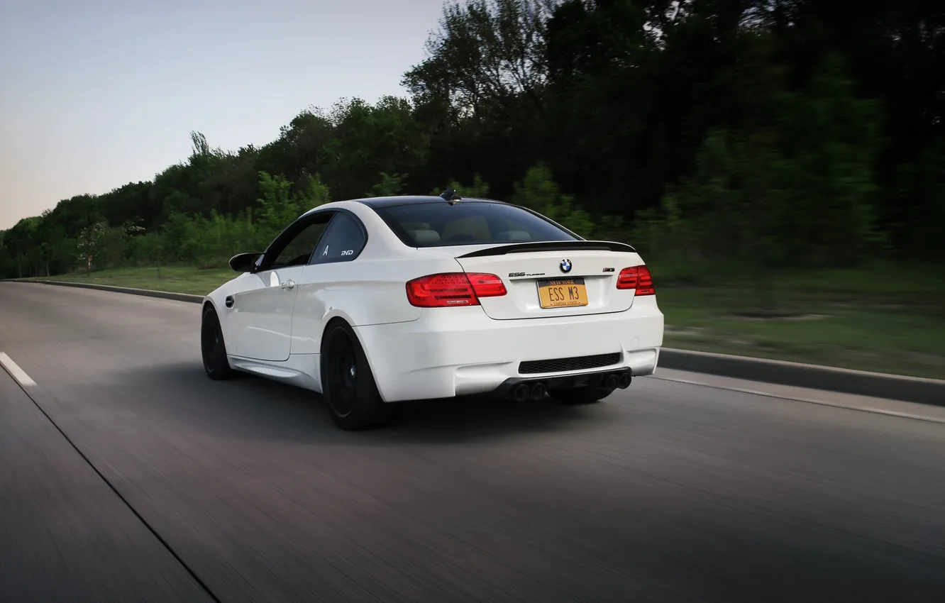 Photo wallpaper road, white, trees, BMW, BMW, rear view, road, trees