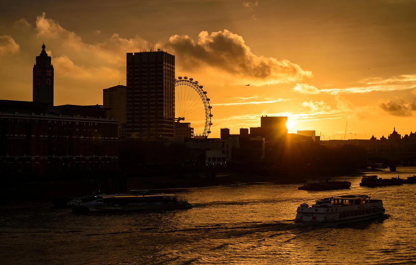 Photo wallpaper clouds, sunset, the city, river, England, London, building, silhouette