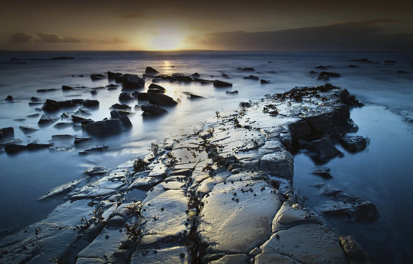 Photo wallpaper sea, the sun, sunset, stones, horizon