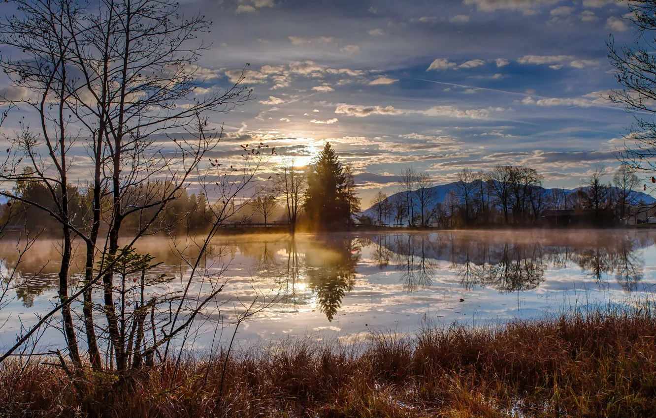 Photo wallpaper landscape, river, spring, morning