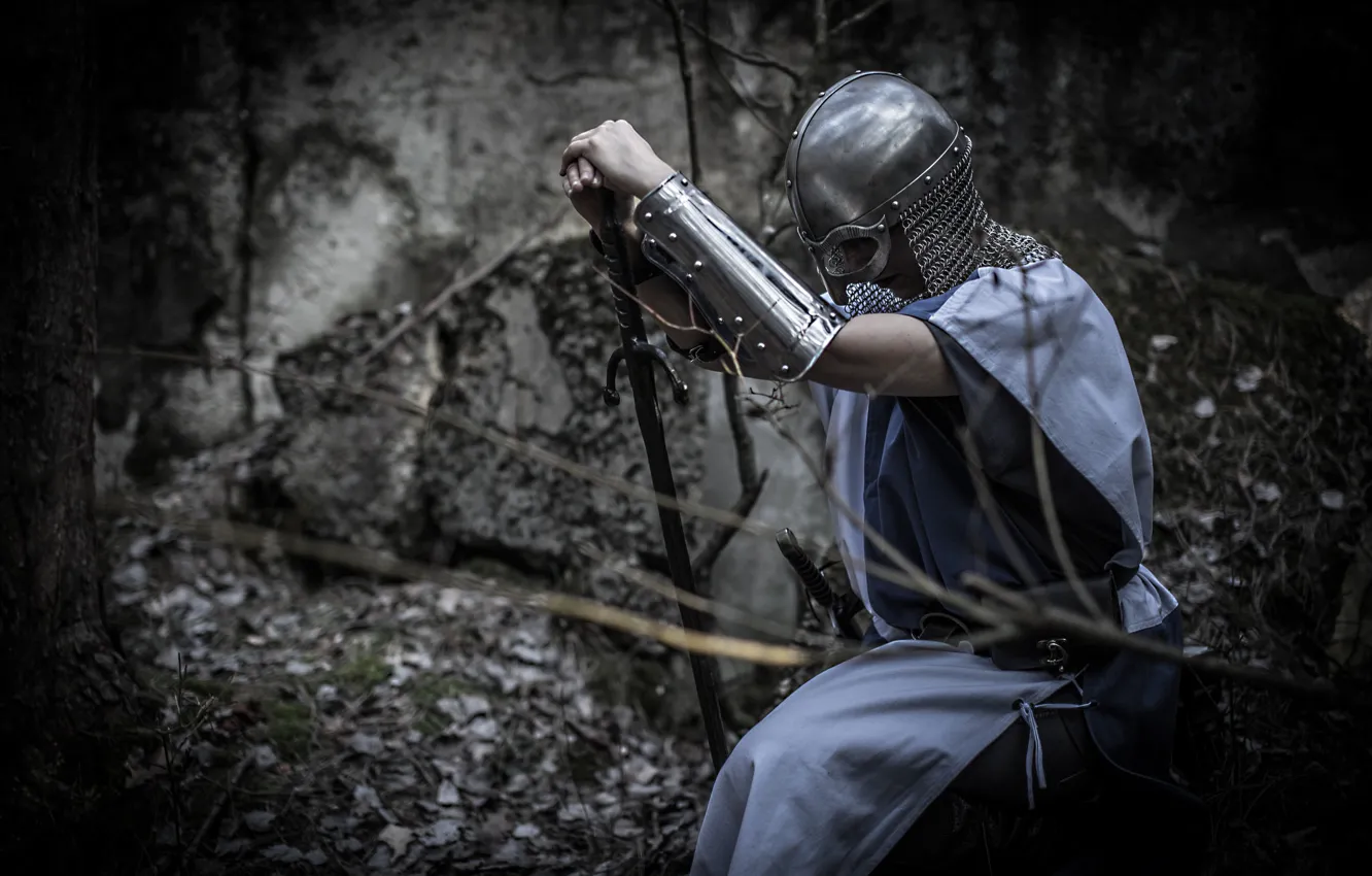 Photo wallpaper girl, background, sword, armor, warrior