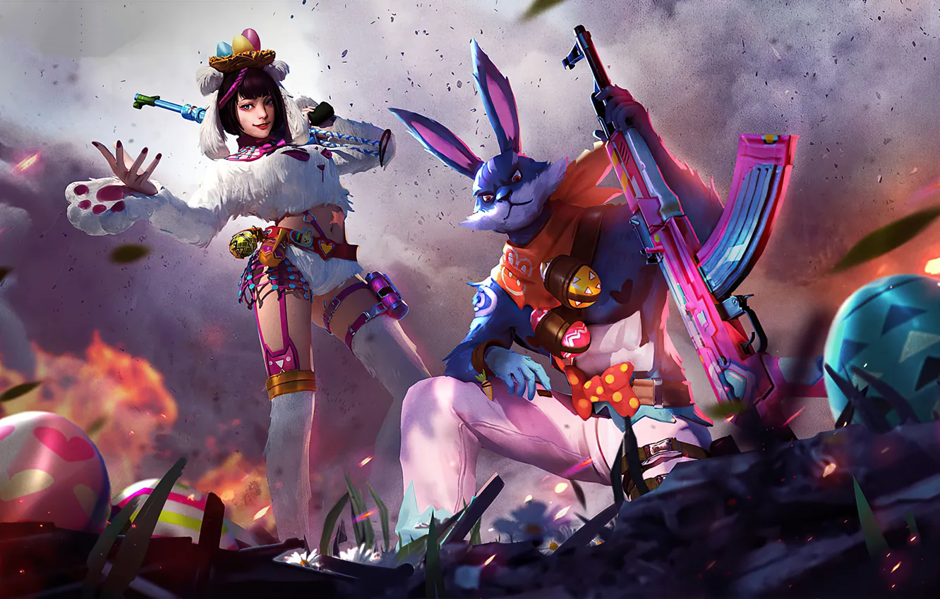 Photo wallpaper girl, pose, weapons, the game, smoke, hare, rabbit, girl