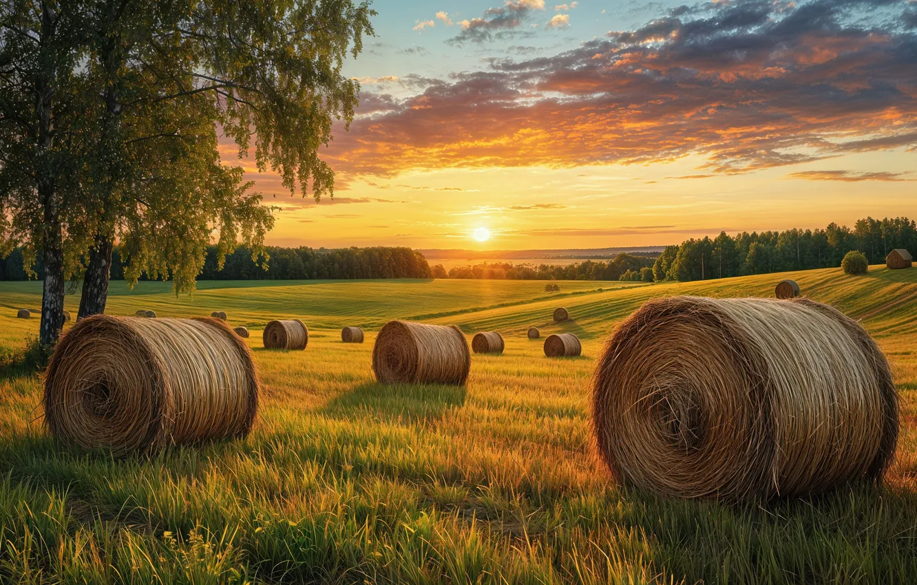 Photo wallpaper field, hay, straw, AI art, neural network