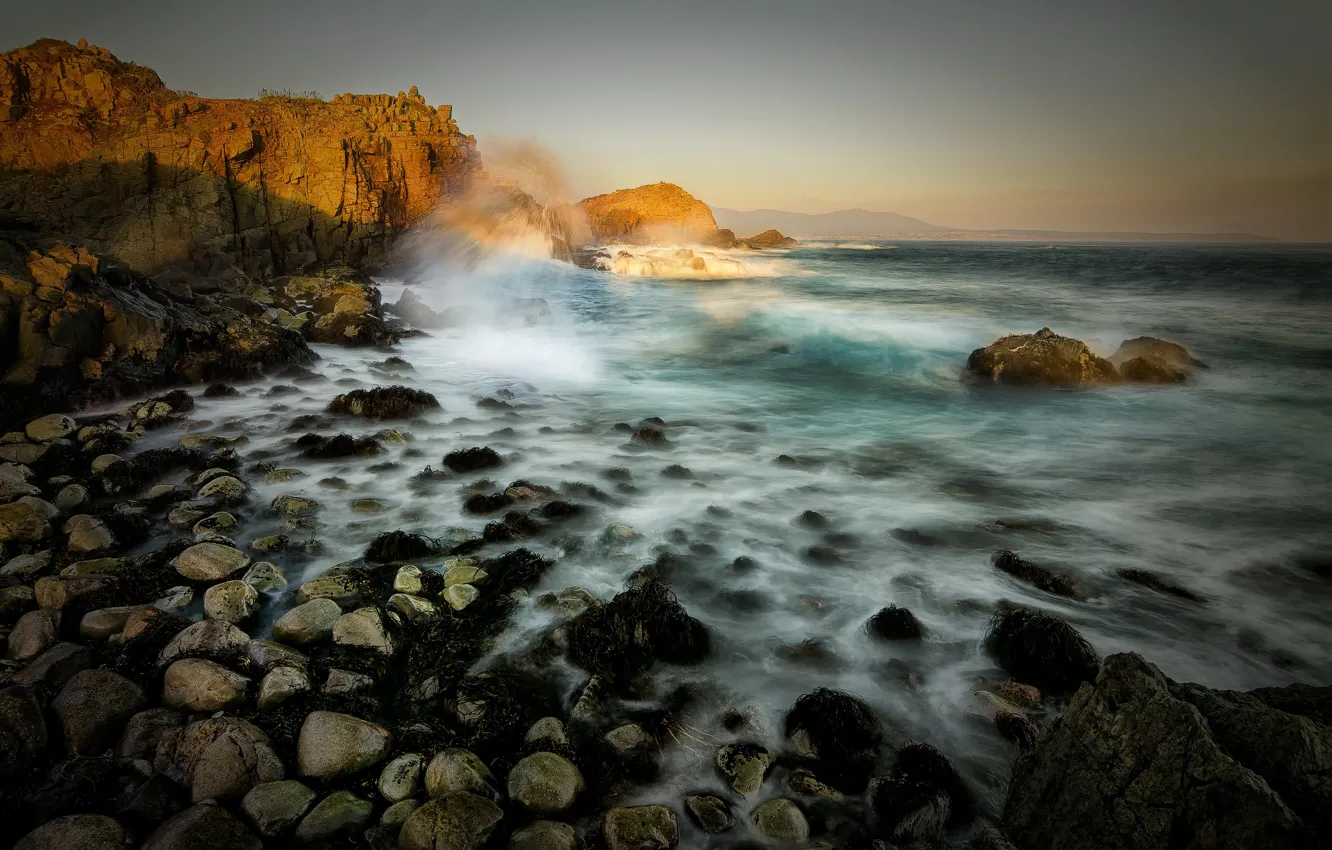 Photo wallpaper sea, wave, the sky, light, squirt, stones, rocks, shore