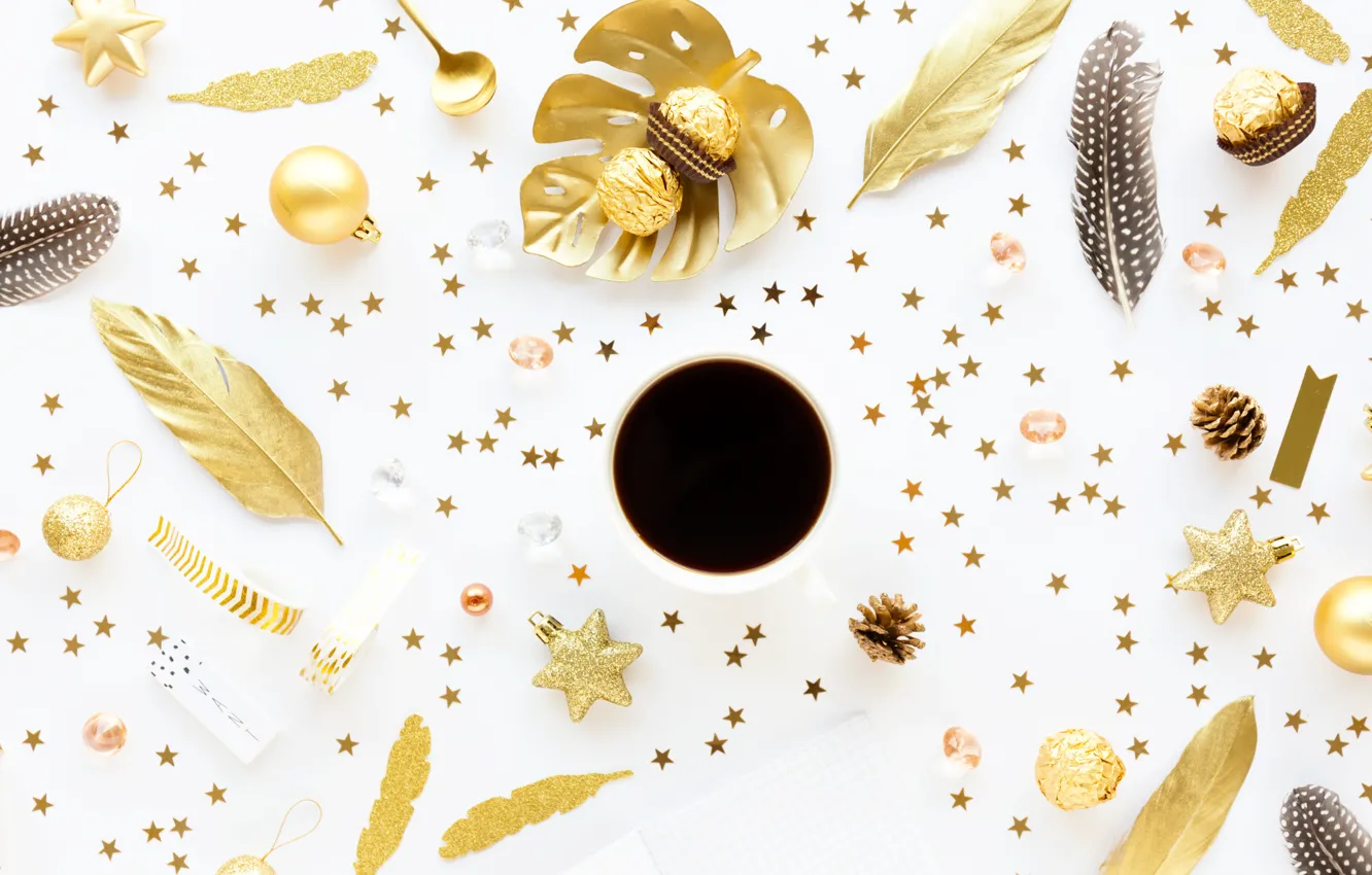 Photo wallpaper holiday, new year, golden, star, Christmas, decor, coffee, decoration