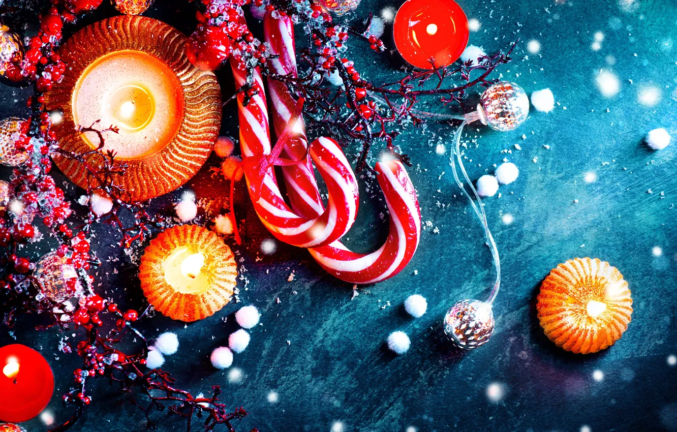 Photo wallpaper holiday, lollipops, decor, treats, fir-tree branches
