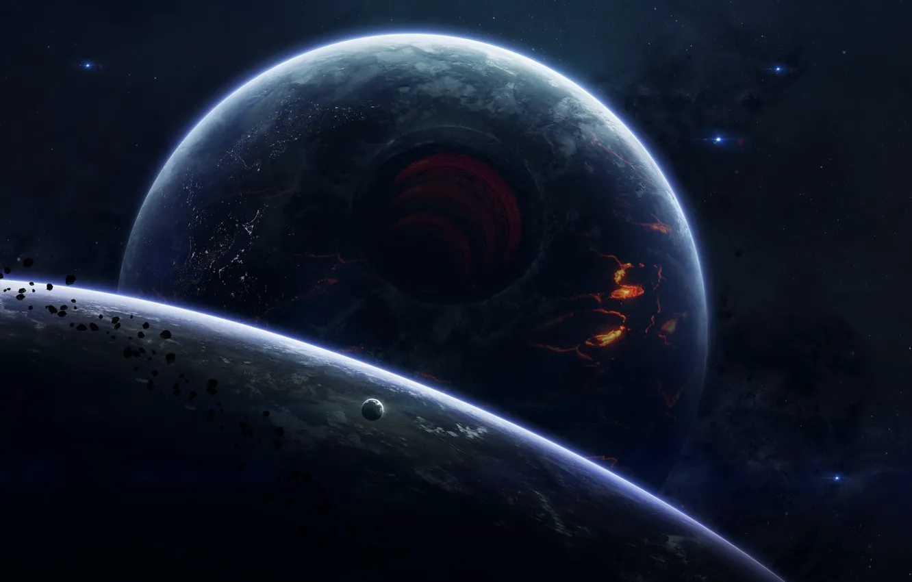 Photo wallpaper space, stars, space, planet, satellite, hole, asteroids, art