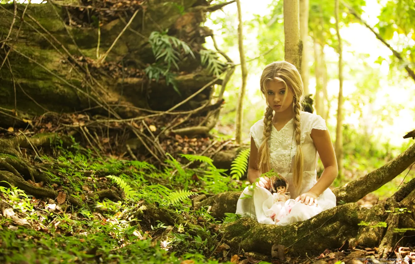 Photo wallpaper model, women, blonde, white dress, braids, Ferns, Women Outdoors