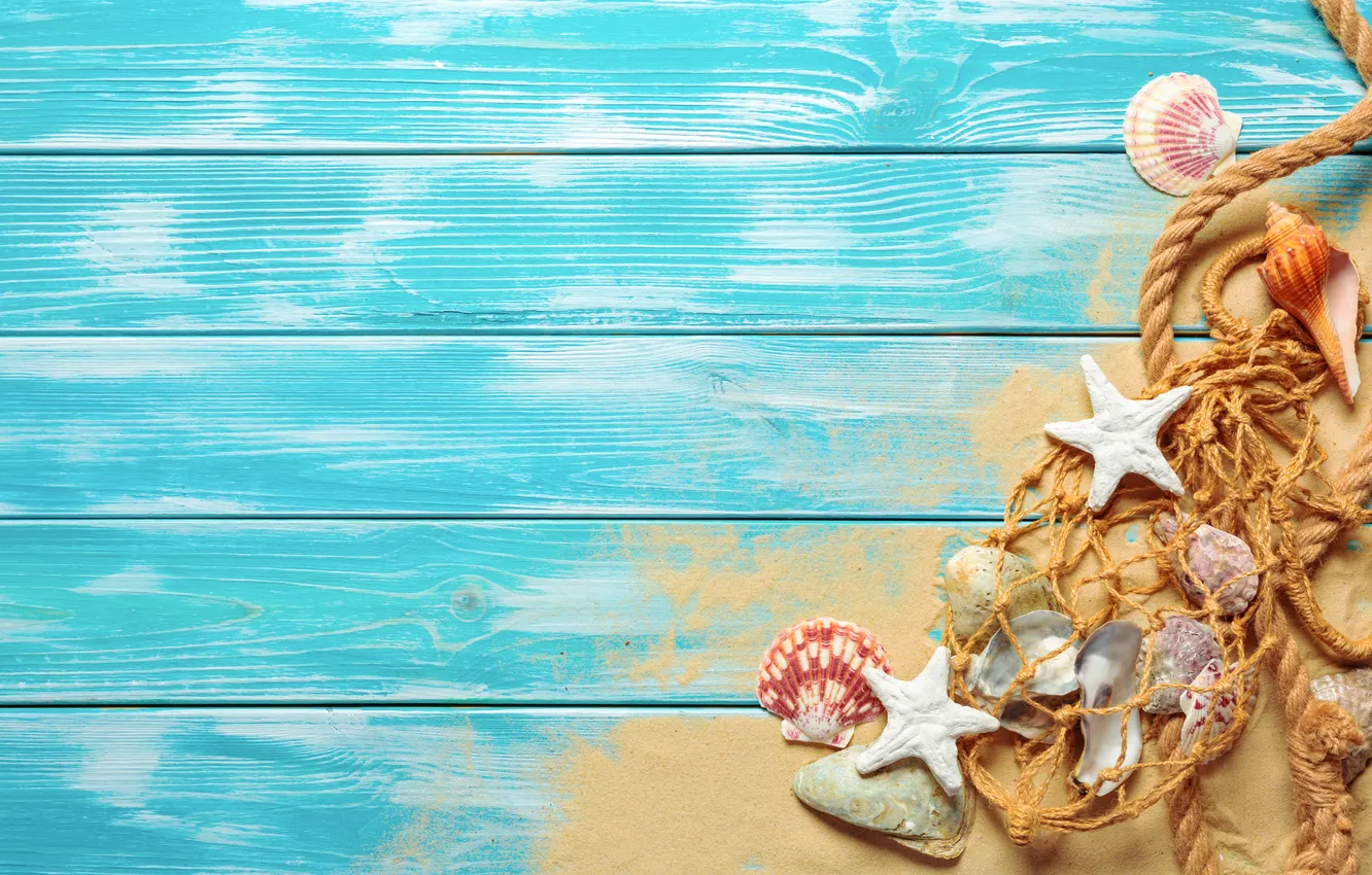 Photo wallpaper sand, beach, summer, stars, shell, summer, beach, wood