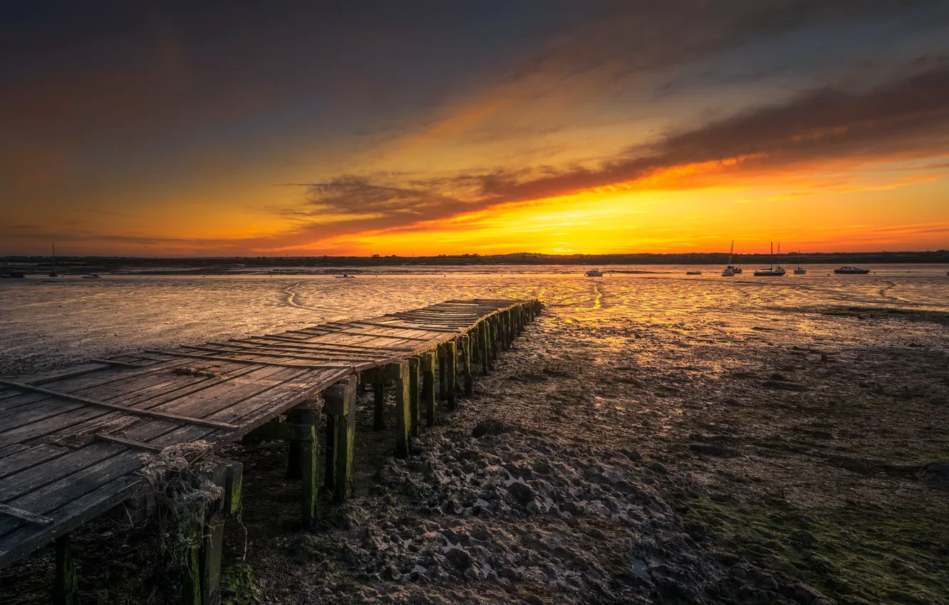 Photo wallpaper sea, sunset, bridge, shore