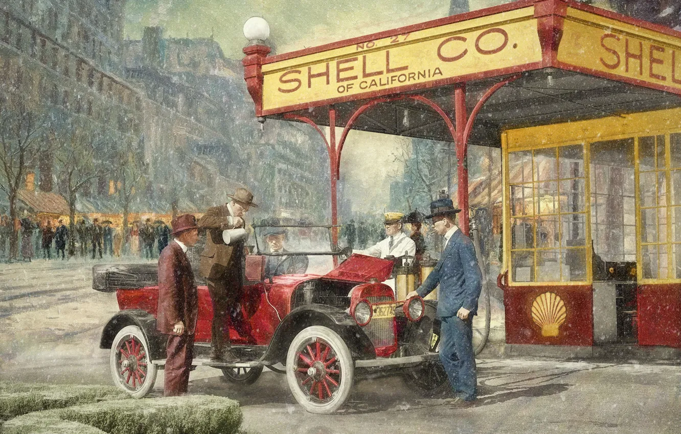 Photo wallpaper the city, retro, people, car, gas station, 1920, Shell Station