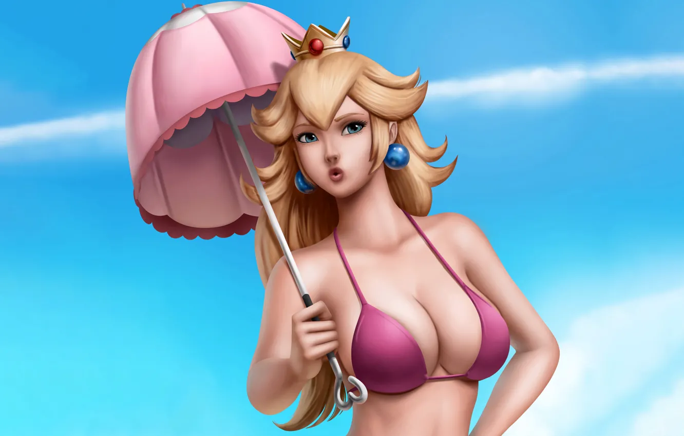 Photo wallpaper girl, sexy, cleavage, long hair, boobs, umbrella, anime, blue eyes