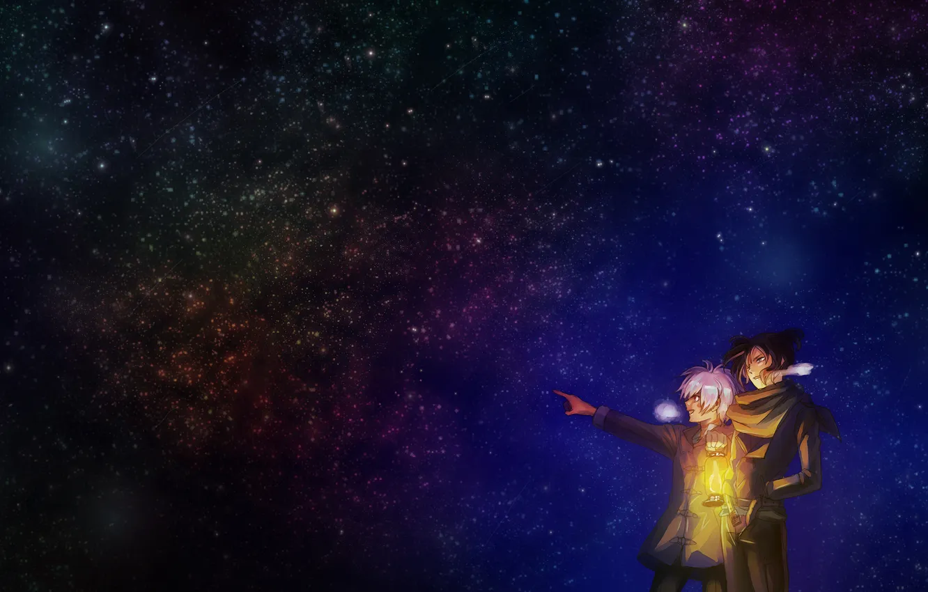 Photo wallpaper the sky, stars, night, lamp, anime, art, pair, guy