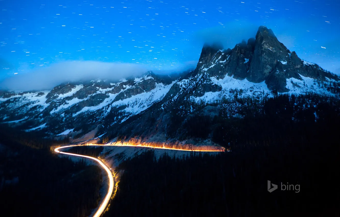 Photo wallpaper road, forest, the sky, stars, clouds, snow, mountains, lights