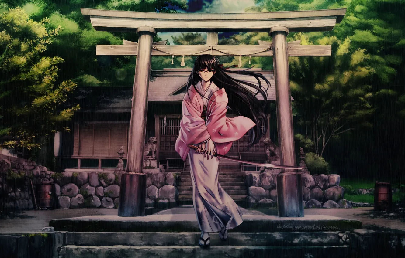 Photo wallpaper girl, rain, sword, katana, stage, black lagoon, roberta