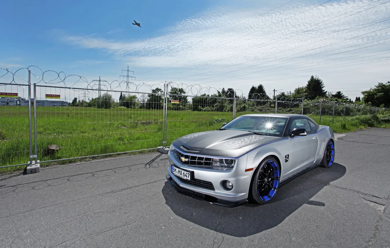 Photo wallpaper The sky, Clouds, Auto, The plane, Chevrolet, Grey, Camaro, the front