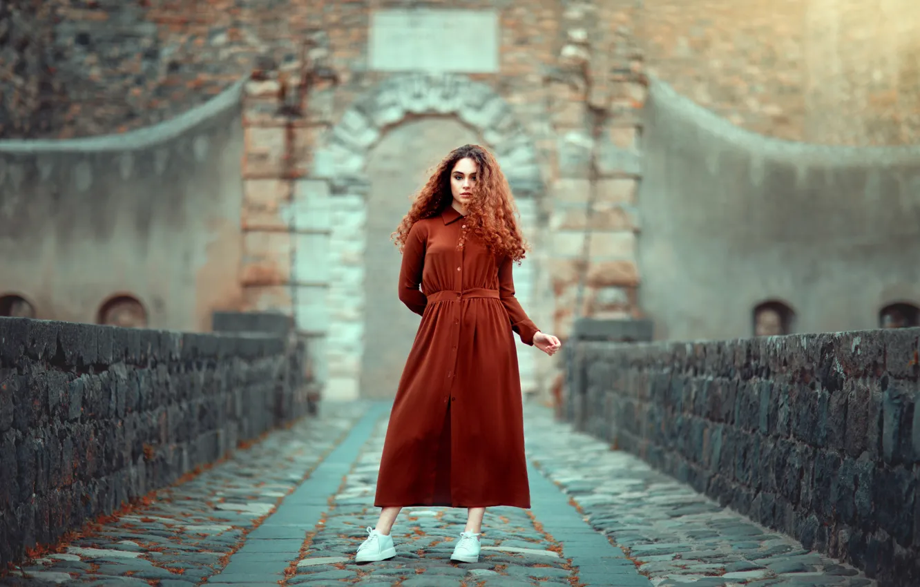 Photo wallpaper look, girl, bridge, pose, castle, dress, arch, brown hair