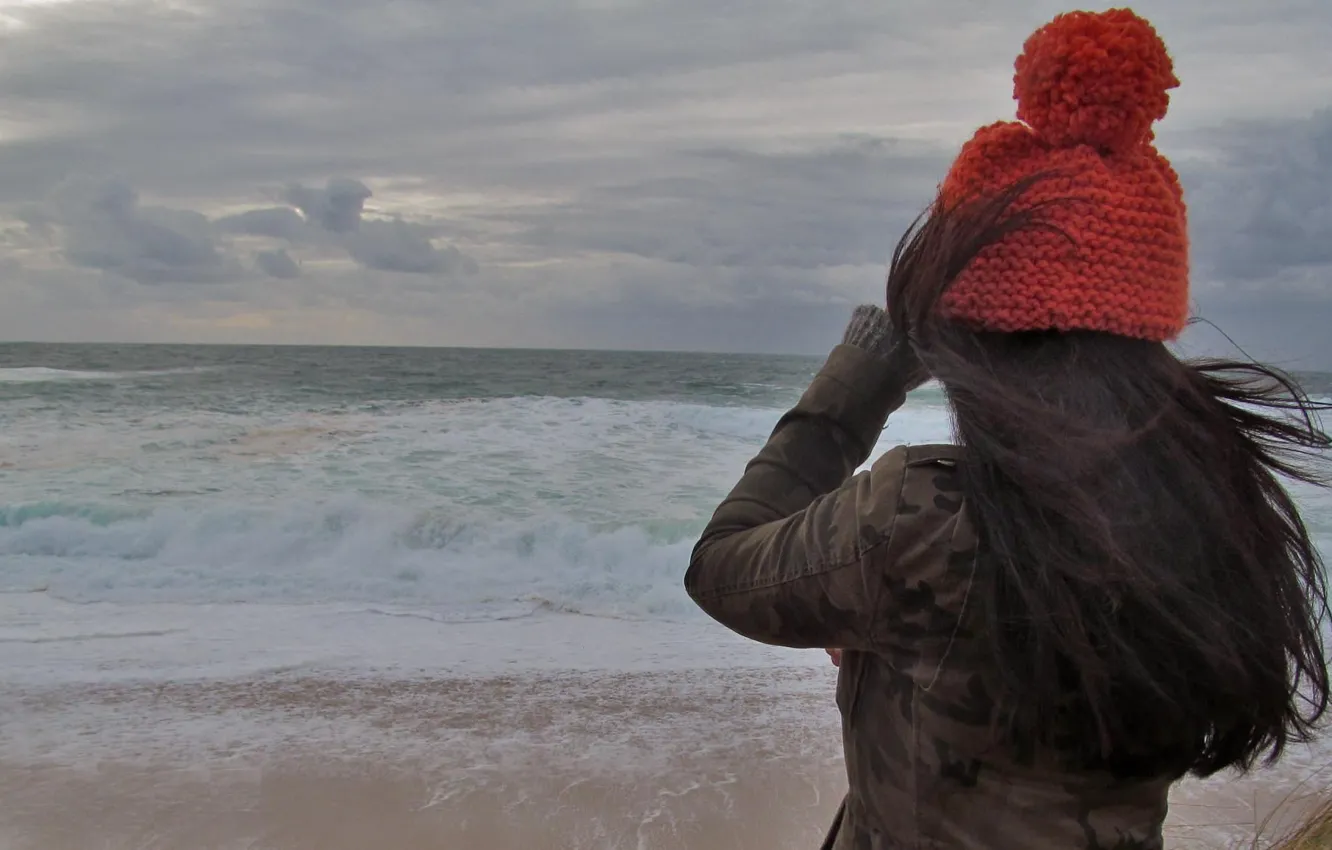 Photo wallpaper cold, sea, wave, girl, the wind, hat, hair, back