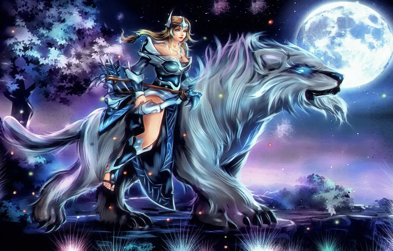 Photo wallpaper girl, moon, game, star, armor, sky, night, wolf