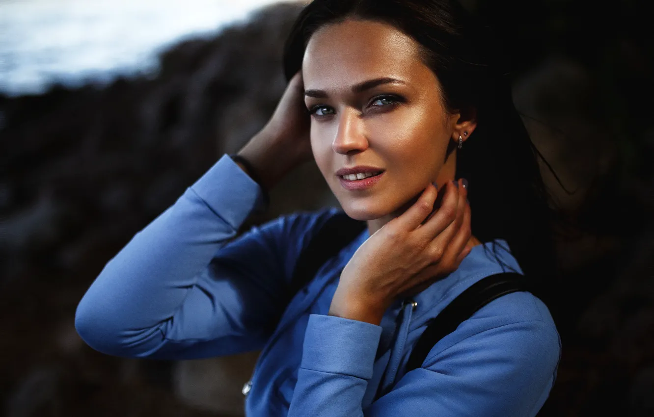 Photo wallpaper girl, photo, photographer, blue eyes, model, lips, face, brunette