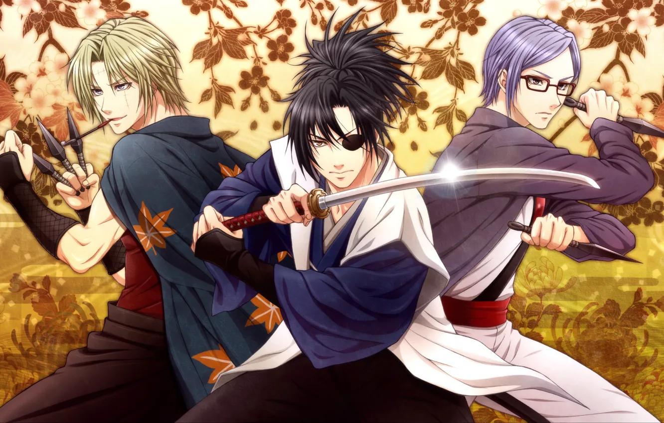 Photo wallpaper leaves, weapons, sword, guys, daggers, Gintama, Yagyuu Kyuubei, Sarutobi Ayame