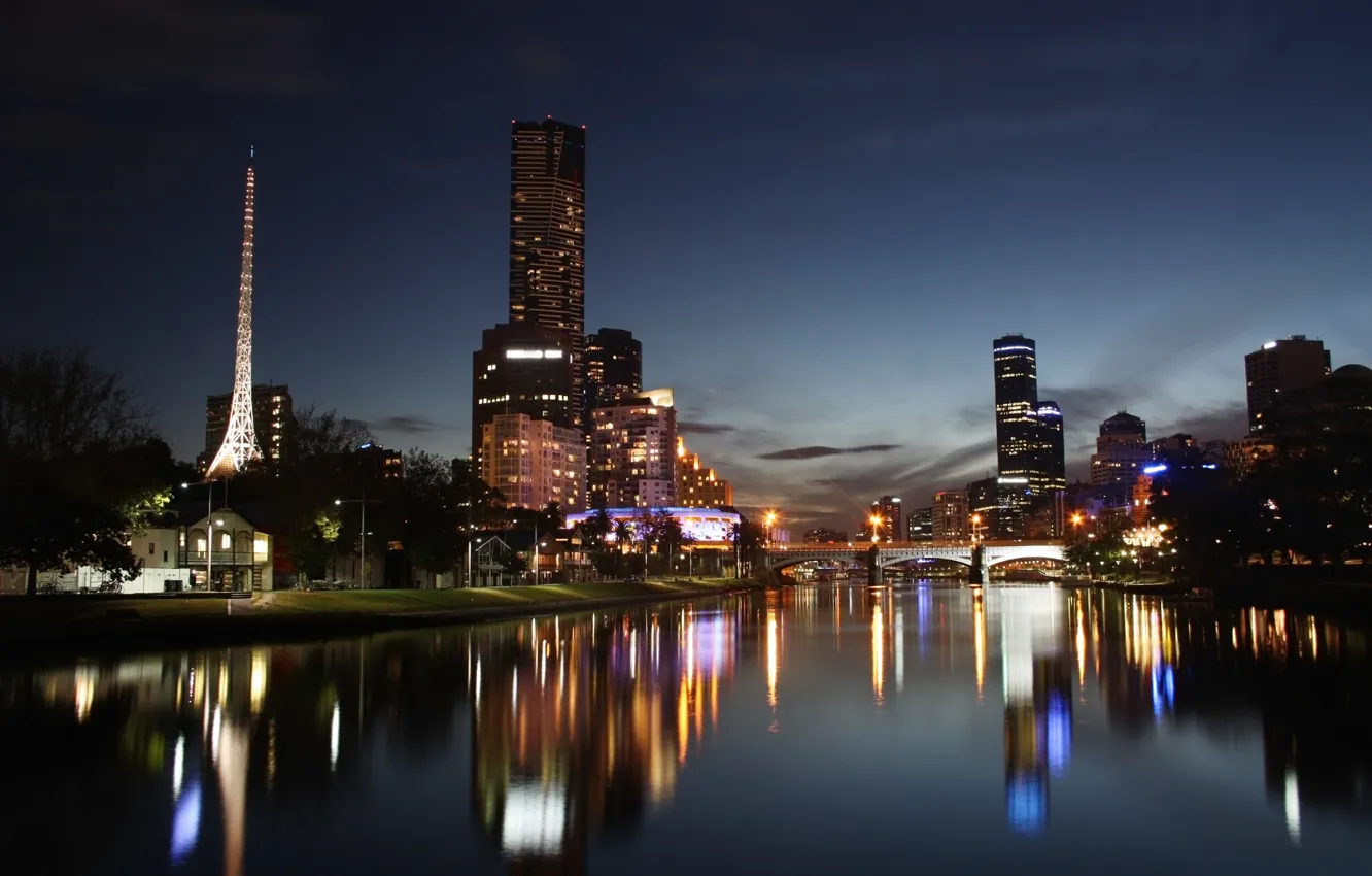 Photo wallpaper night, bridge, the city, lights, reflection, river