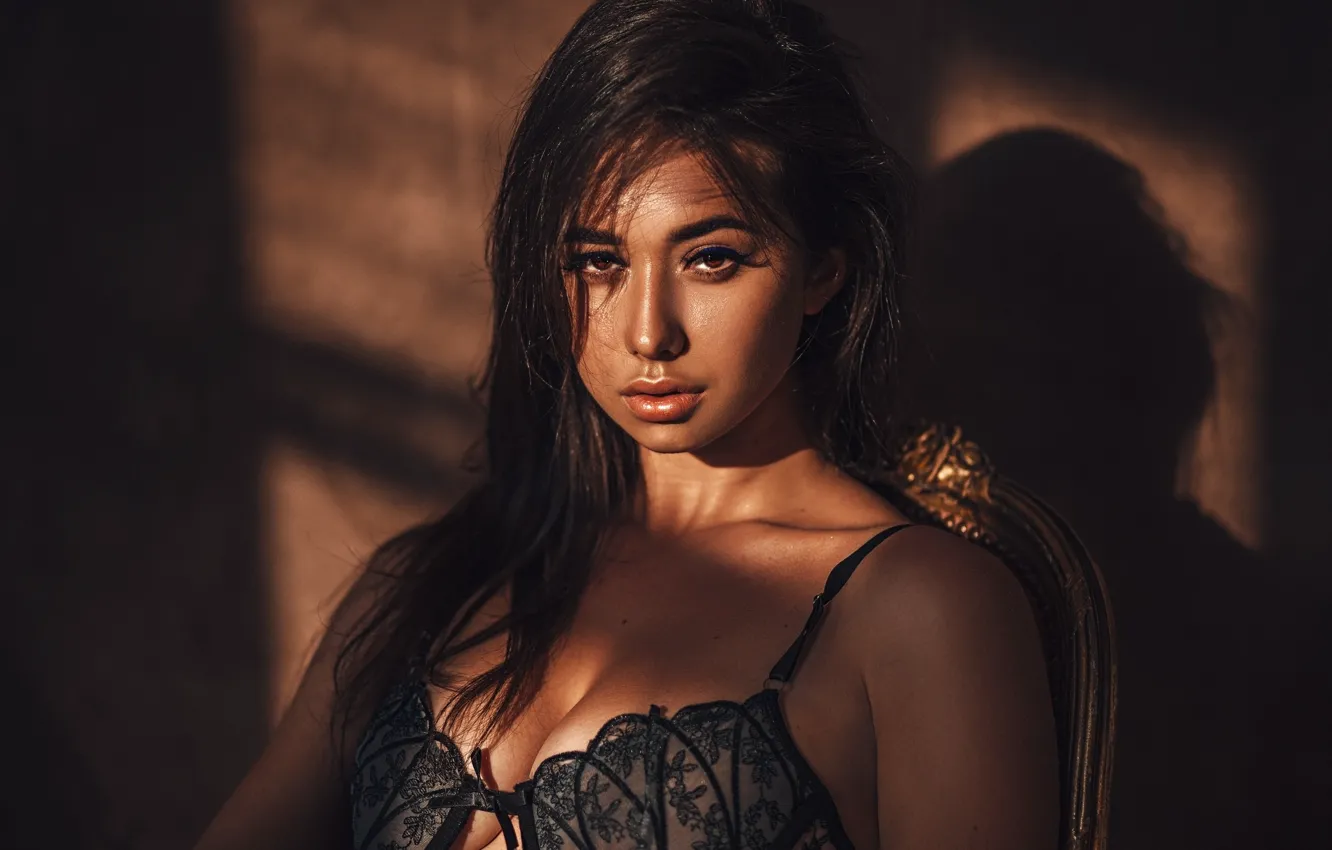 Photo wallpaper chest, look, girl, face, shadow, bra, Gregory Levin