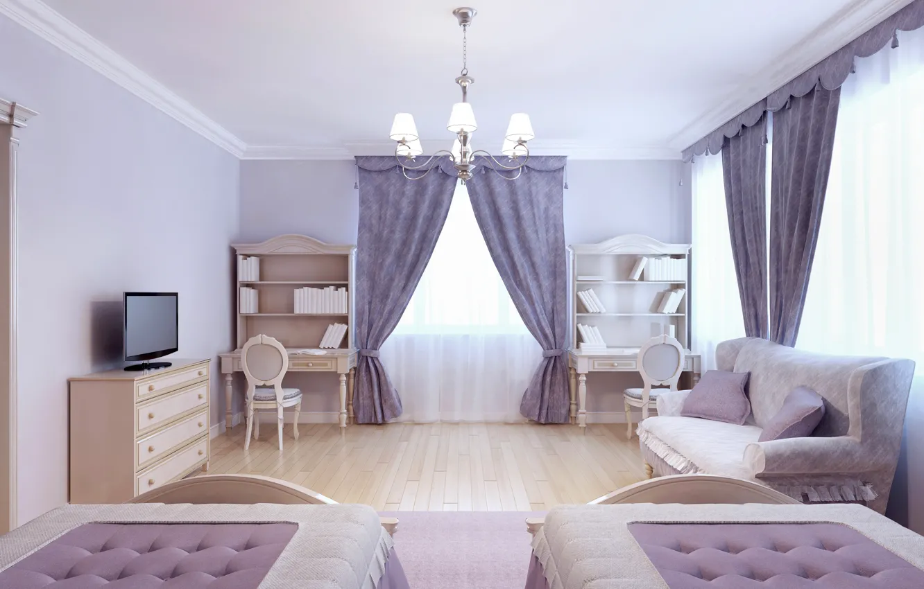 Photo wallpaper chandelier, sofa, mansion, wardrobe, bed, curtains, bedroom, interior