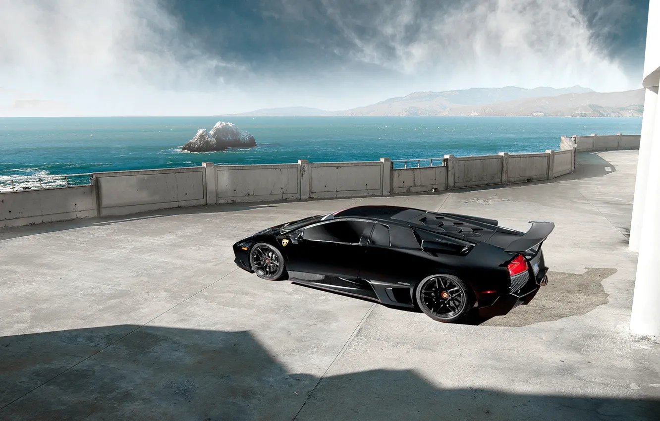 Photo wallpaper Lamborghini, Black, Murcielago, LP670-4, Sea, Supercar, Rear