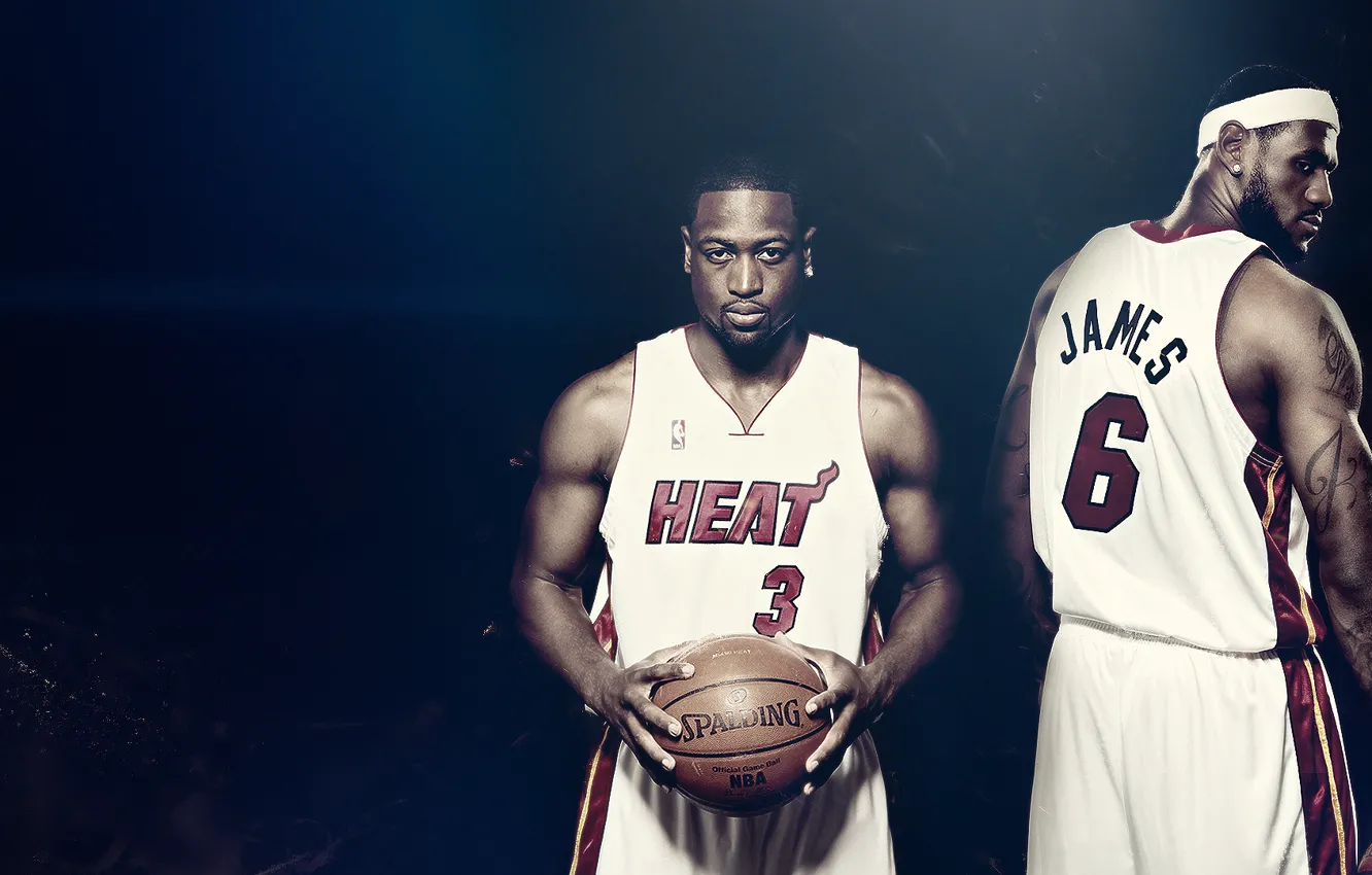 Photo wallpaper the ball, Basketball, NBA, LeBron James, Heat, Miami Heat, Famous Stars Dwayne Wade, Spalding