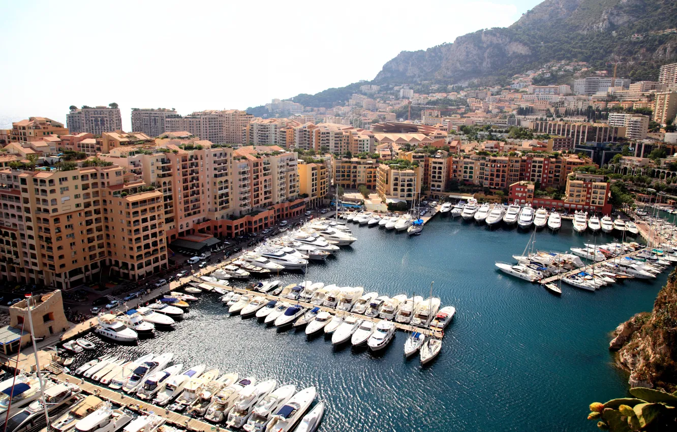 Photo wallpaper landscape, mountains, home, Bay, yachts, boats, boats, Monaco