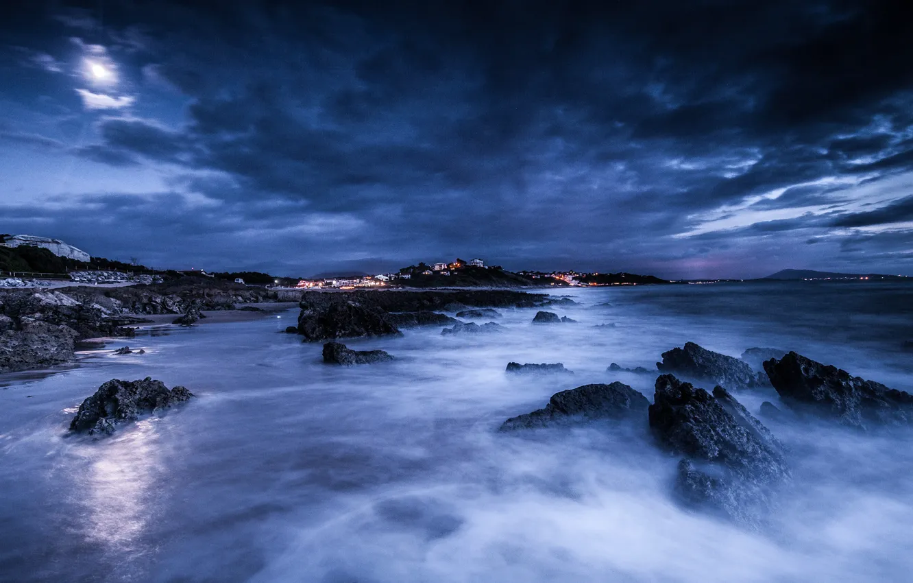Photo wallpaper sea, night, clouds, lights, stones, the moon, shore