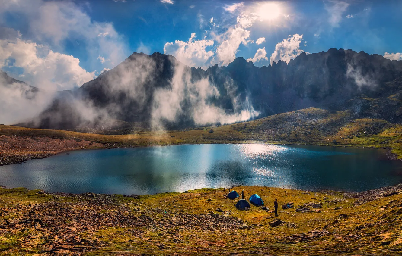 Photo wallpaper clouds, landscape, mountains, nature, lake, The Caucasus, tourists, KCR