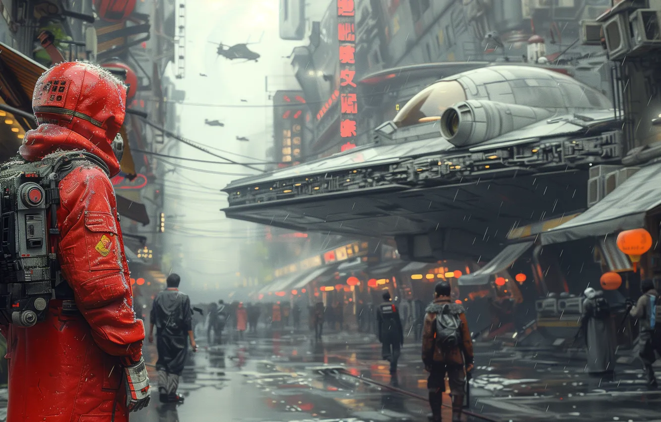 Photo wallpaper nature, the city, fog, future, fiction, people, UFO, haze