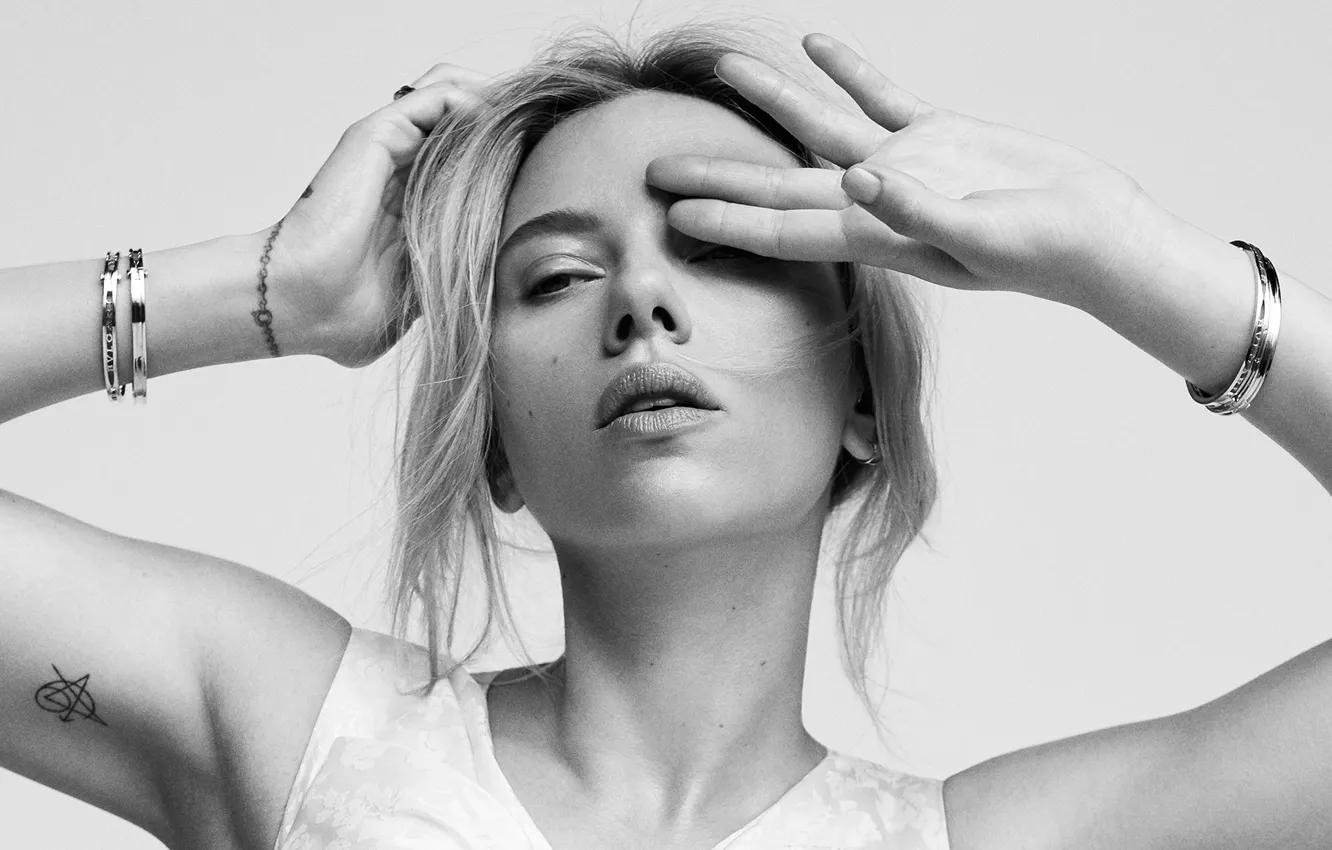 Photo wallpaper girl, face, pose, actress, Scarlett Johansson, tattoo, black and white, It