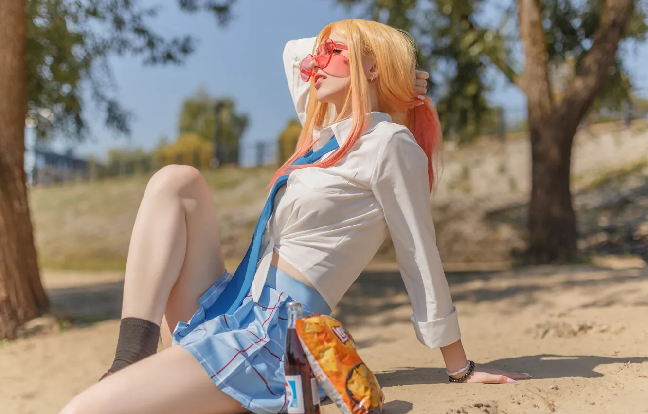 Photo wallpaper school uniform, trees, anime, model, women, cosplay, pepsi, blonde