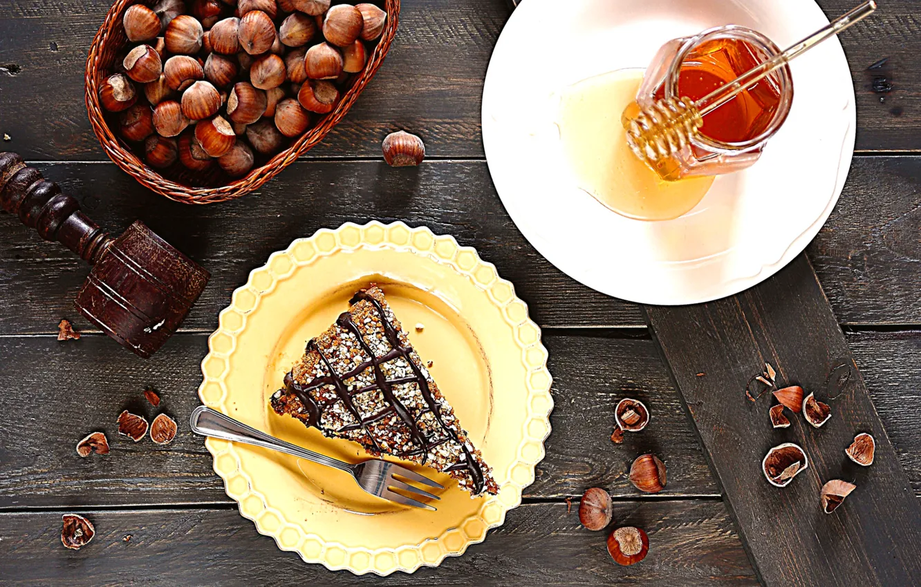 Photo wallpaper food, chocolate, honey, spoon, cake, cake, nuts, dessert