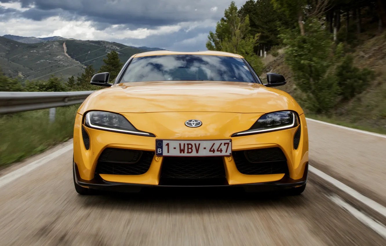 Photo wallpaper road, yellow, coupe, Toyota, front view, Supra, the fifth generation, mk5